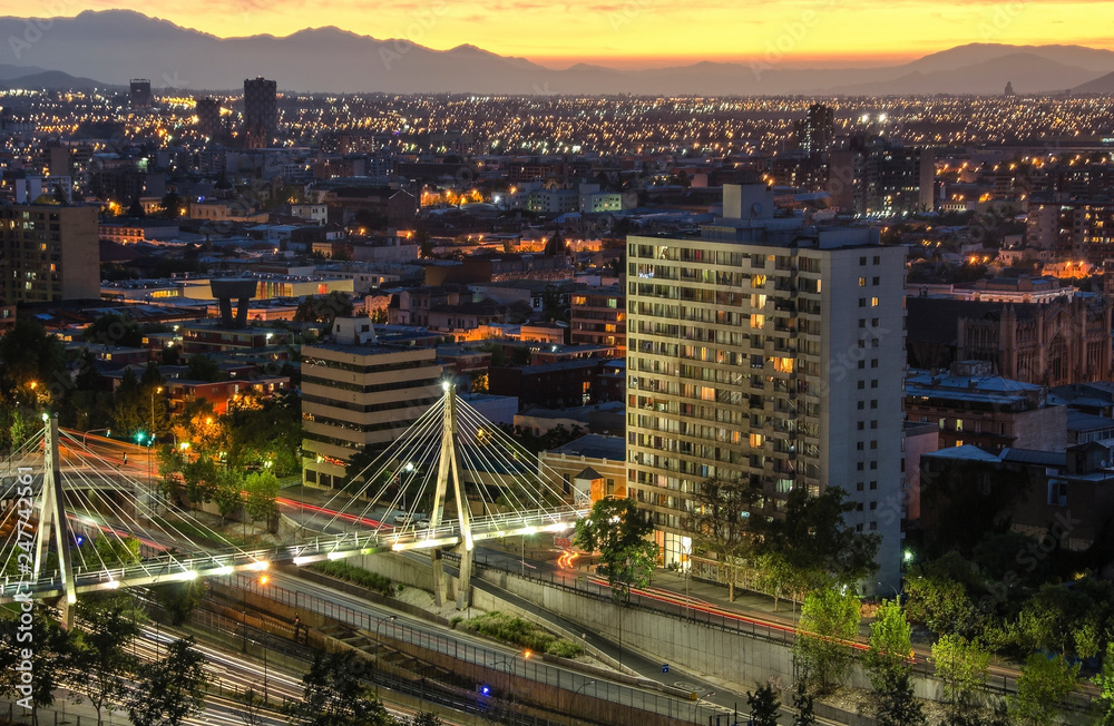 The skyline of Santiago de Chile by night.
