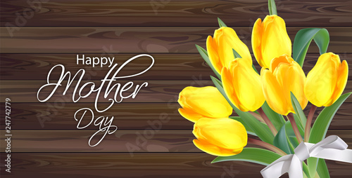 Yellow tulip flowers bouquet Vector realistic banner. Spring season template....