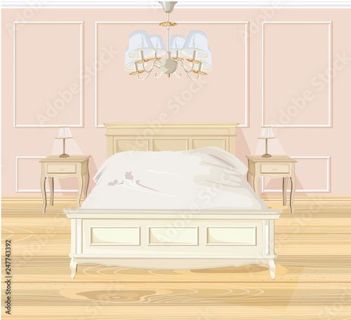 Classic bedroom Vector watercolor. White bed furniture. Interior design decorations