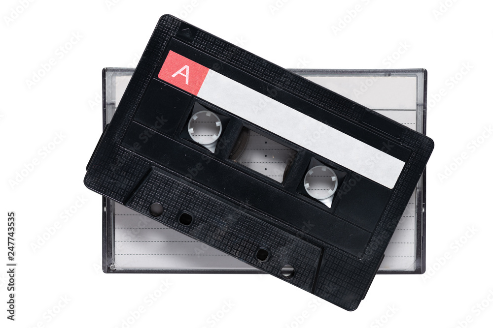 Cassette tape and box,top view. Black cassette tape  side A laying on box with line white paper cover isolated on white background with clipping path.