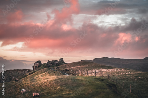 Pink sunset over the Duntulm Castle on the Isle of Skye, Scotland photo