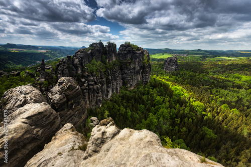 Schrammsteine mit Falkenstein im Hintergrund, Nationalpark Saechsische Schweiz, Elbsandsteingebirge, Sachsen, Deutschland photo