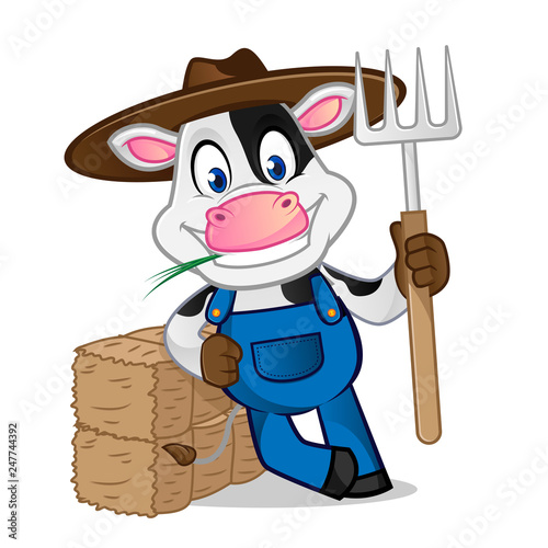Cow as farmer leaning on hay