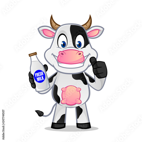 Cow holding milk bottle and give thumb up