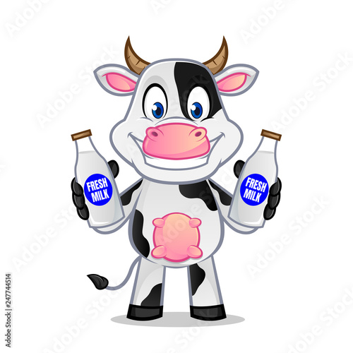 Cow holding milk bottles