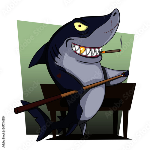 Shark cartoon playing billiard illustration