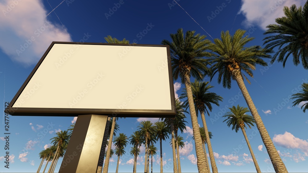 Naklejka premium Billboard mock up, tropical version with palms, 3D rendering