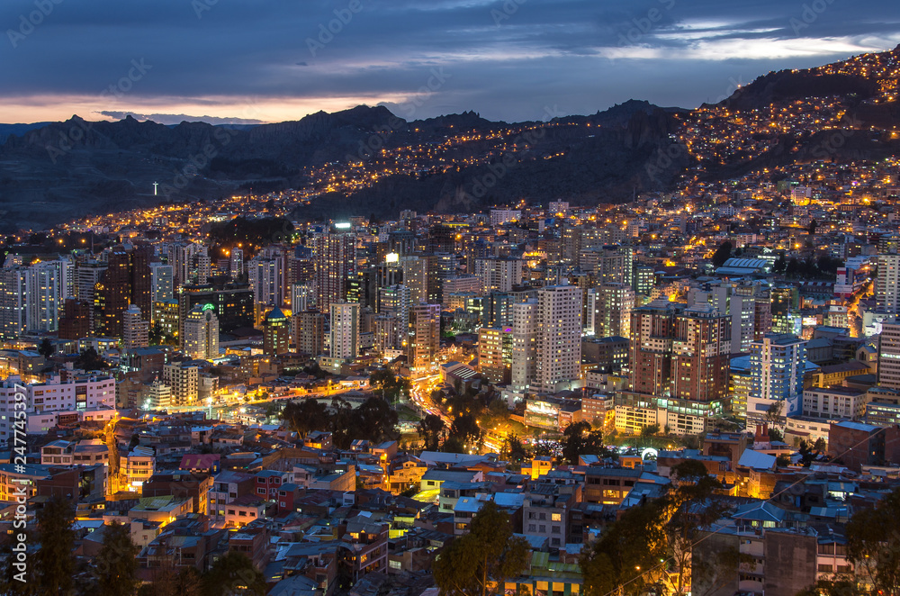 Fototapeta premium View over the city center of La Paz, Bolivia at night. Cityscape of night La Paz city