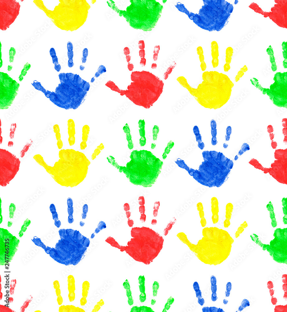 Fototapeta premium Seamless pattern of multi-colored prints of children's palms. The prints are made with finger paints. In a row. Illustration.