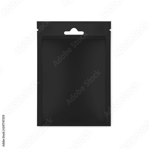 Blank black sachet packet with euro slot and tear notches, mockup