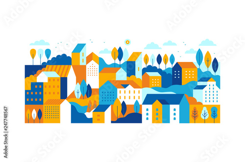 Vector illustration in simple minimal geometric flat style - city landscape with buildings, hills and trees