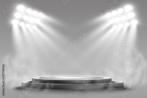 Round podium, pedestal or platform, illuminated by spotlights in the background. Vector illustrations. Podium with smoke. Bright light. Smoke.