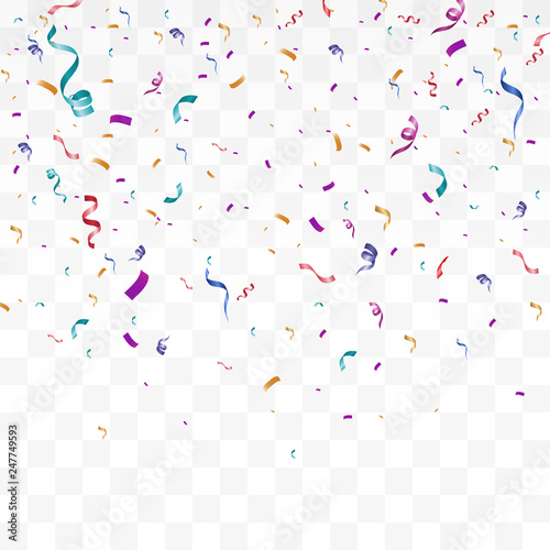 Lots of colorful tiny confetti and ribbons on transparent background. Festive event and party. Multicolor background.Colorful bright confetti isolated on transparent background