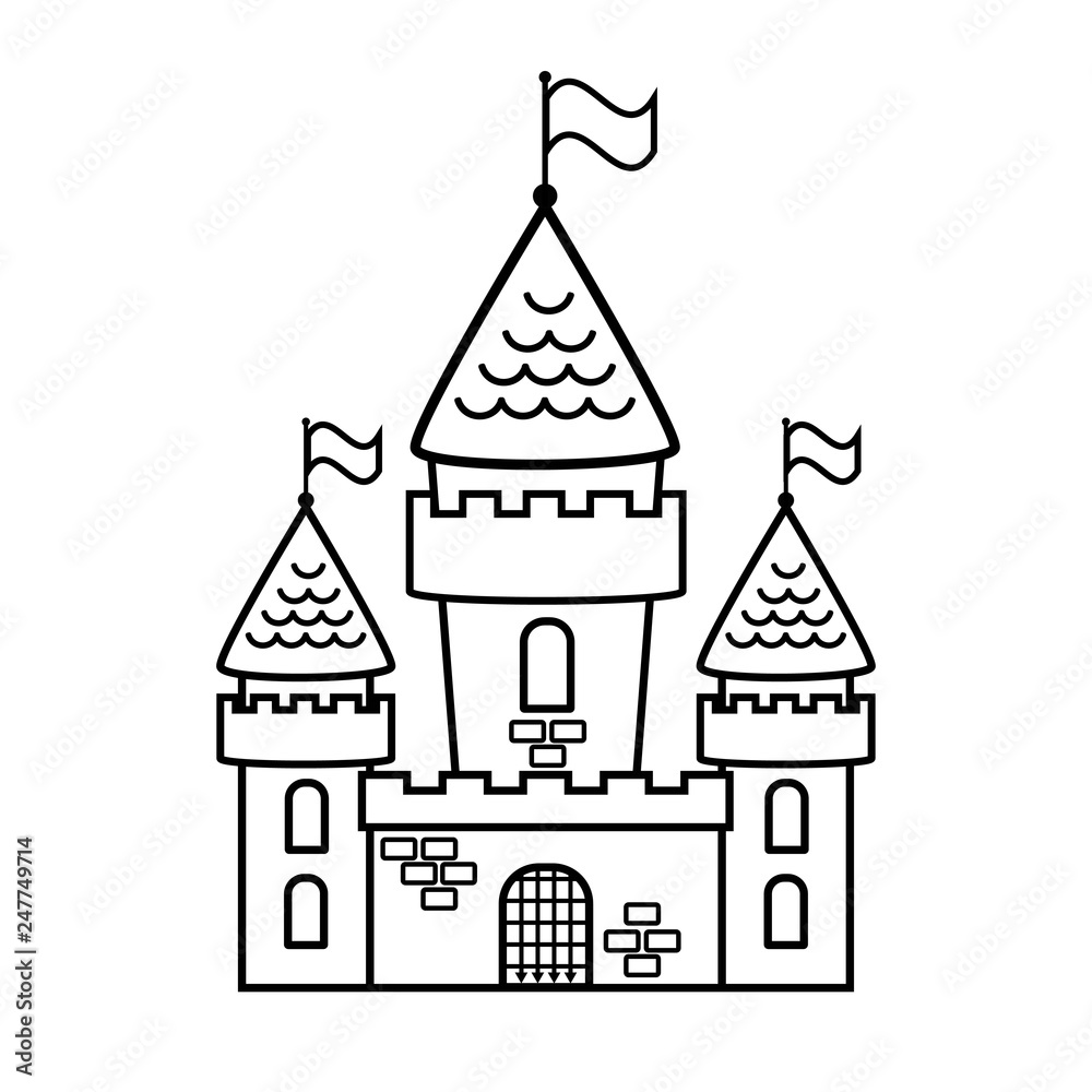 Fairy tale cartoon castle coloring page. Vector illustration.