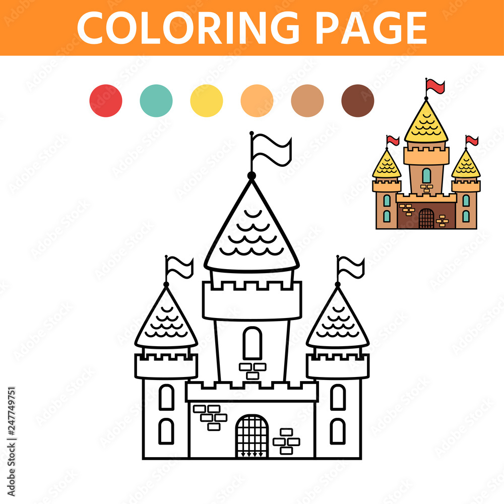 Activity page for kids. Coloring book with a contour and color example. Castle. Vector illustration