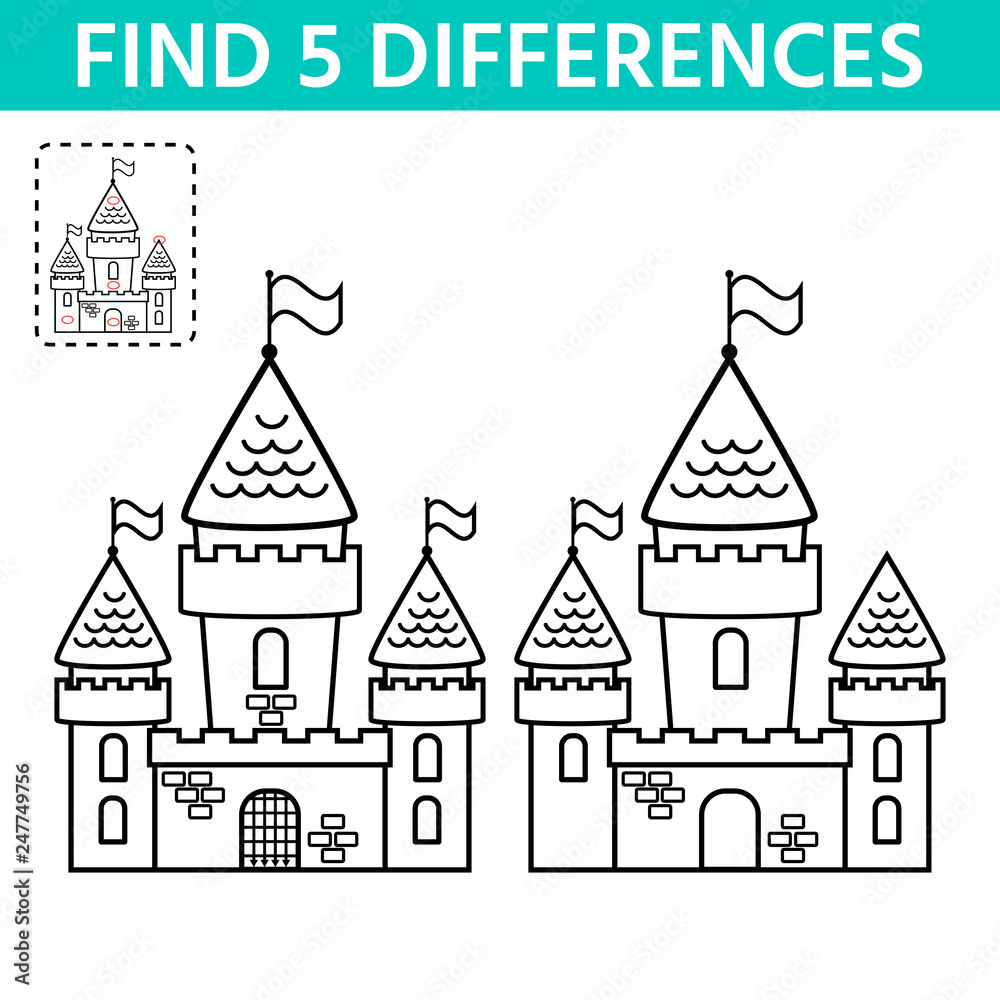 Activity page for kids. Find the difference the two castle. Children funny riddle entertainment. Game tasks for attention