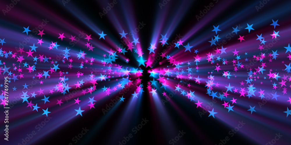 Fototapeta premium blue and purple stars radiating rays of light on a black background, illustration