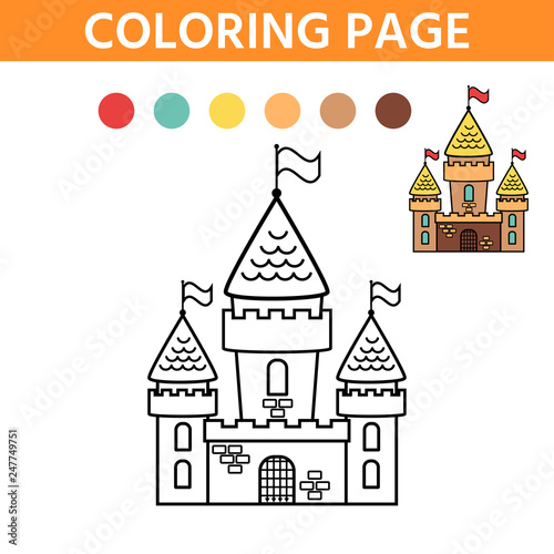 Activity page for kids. Coloring book with a contour and color example. Castle. Vector illustration