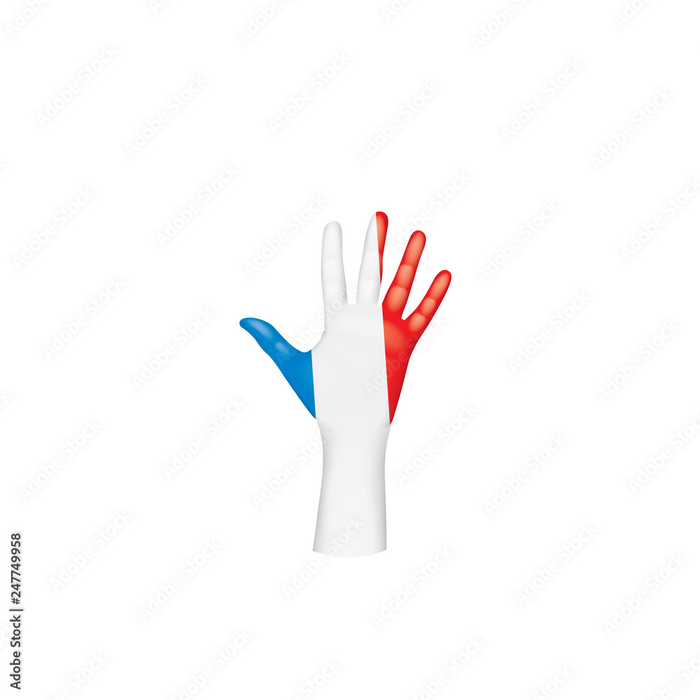 Obraz premium France flag and hand on white background. Vector illustration