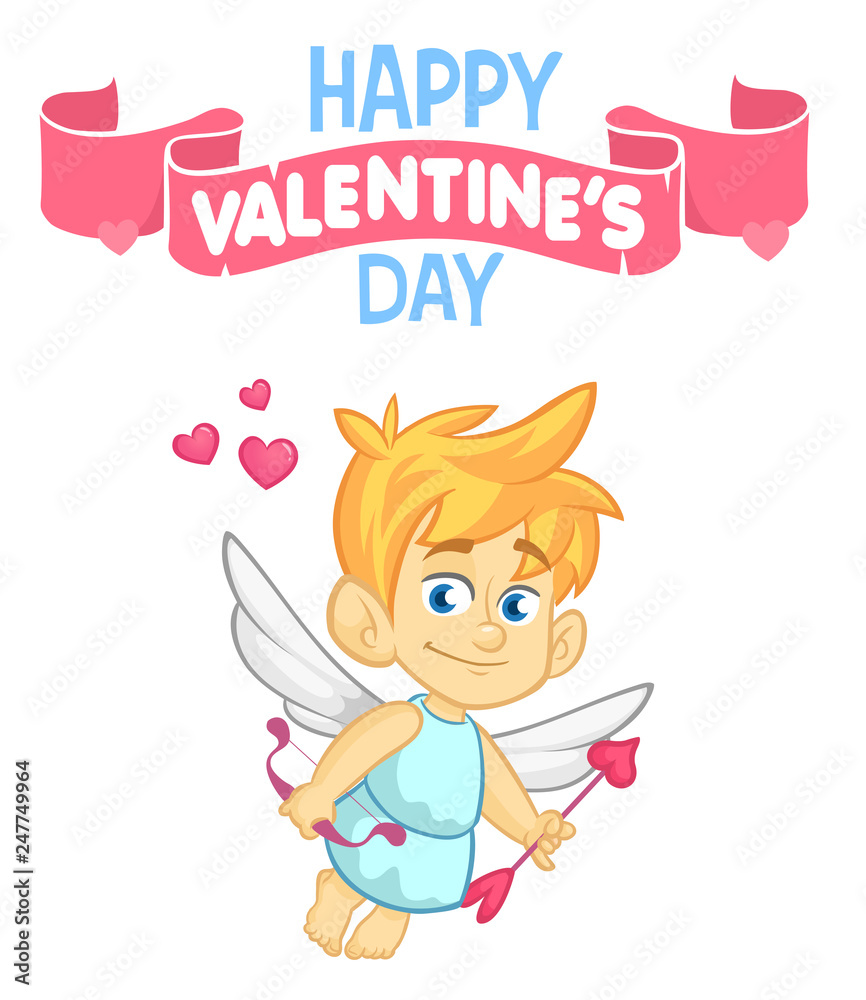 Cute cartoon cupid baby boy character with wings holding bow and arrows Cute cartoon cupid baby boy character with wings holding bow and arrows