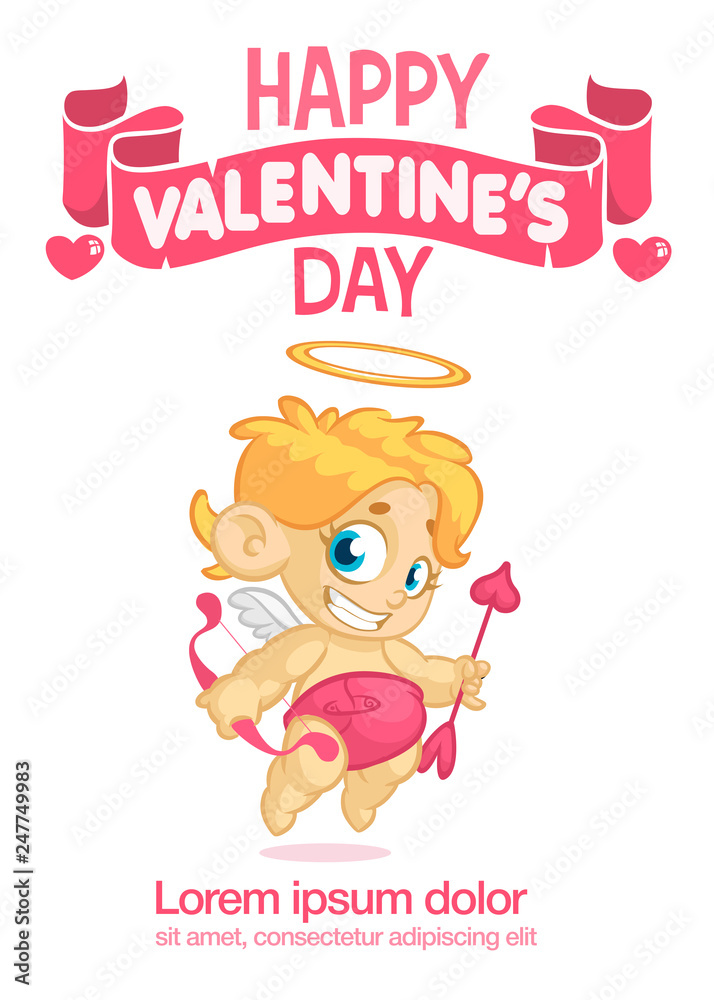Fototapeta premium Cute cartoon cupid baby boy character with wings holding bow and arrows