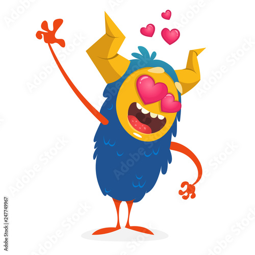 Cartoon blue horned monster in love. St Valentines monster. Illustration Of Loving Monster And Hearts.  photo