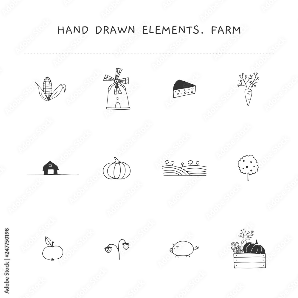 Vector hand drawn objects. Farm logo elements set. Vector hand drawn objects. Farm logo elements set.