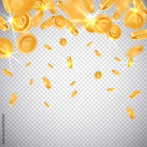3d euro gold coins rain in realistic style,big win jackpot game casino concept on transparent background,business finance currency mockup banner design.Cash treasure icons,web online concept