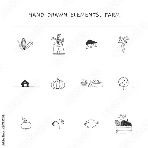 Vector hand drawn objects. Farm logo elements set.