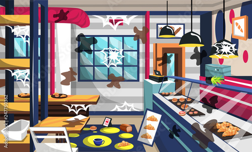 Bakery Shop Dirty Room with Cake on Storefront, Ceiling Lamps, Wood Table and Chair for Vector Restaurant Interior Ideas
