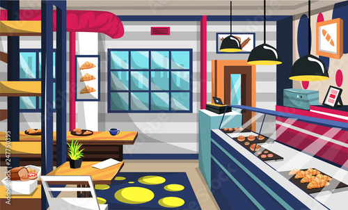 Bakery, Shop, Clean, Room, Cake, Storefront, Ceiling, Lamps, Wood, Table, Chair, Vector, Restaurant, Interior, Ideas, bakery, shop, business, food, vector, store, pastry, cake, illustration, bread, ba