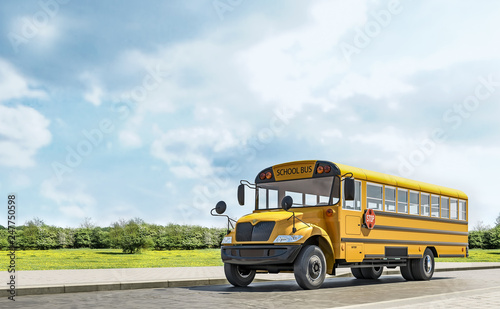 School bus driving on the country road, going to school, beautiful sunny day, 3d rendering