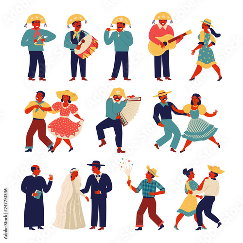 Brazilian people wearing traditional costume for Junina Party set. Vector templates for Latin American holiday, the June party of Brazil.