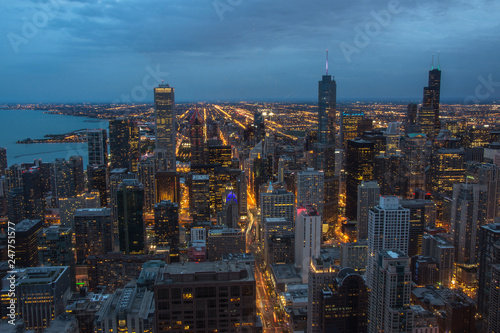 Chicago skyline aerial view at dusk, United States
