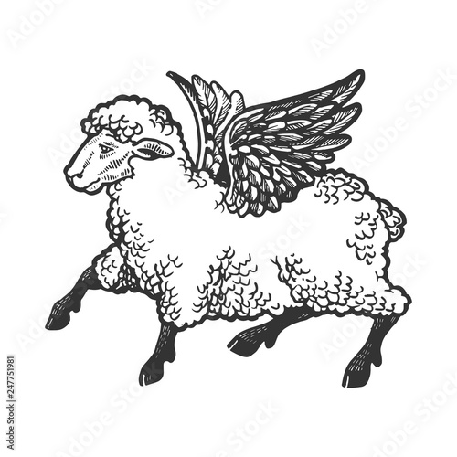 Angel flying sheep engraving vector illustration. Scratch board style imitation. Black and white hand drawn image.