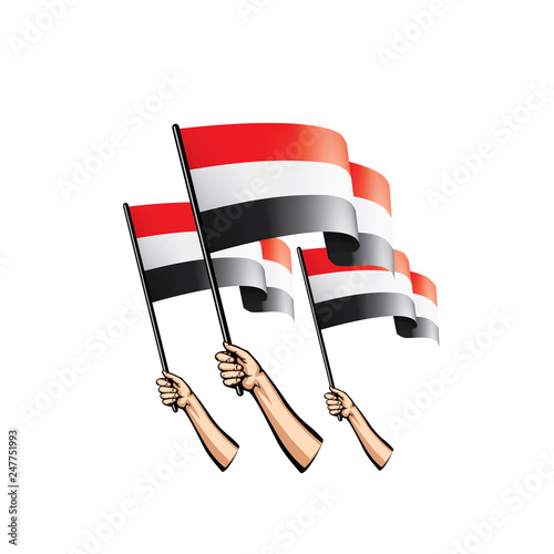 Yemeni flag and hand on white background. Vector illustration