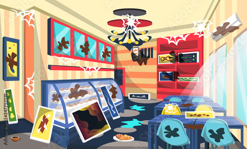 Dirty Bakery Shop Room with Cake on Etalase  Ceiling Lamps  Blue Table  Artistic Wall Picture  Modern Style for Vector Restaurant Interior Ideas