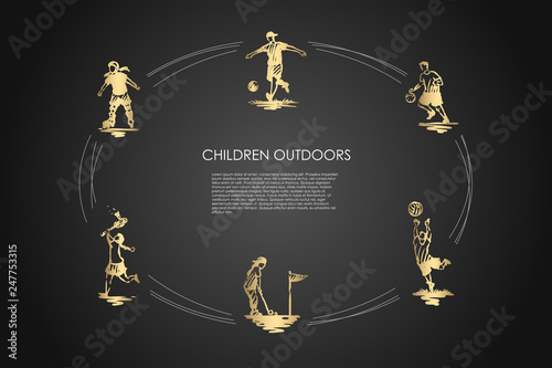 Children outdoors - children playing football, soccer, golf, badminton and roller-skating vector concept set