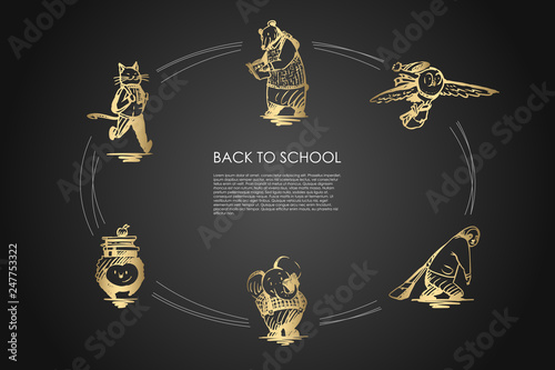 Back to school - cat with satchel, bear with book, bird with bag, panda with schoolbag, hedgehod with heap of books and reading elephant vector concept set