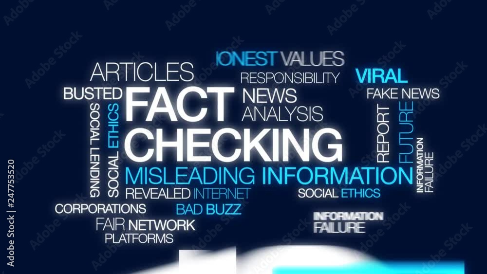 Fact checking fake news press verification facts check information words tag cloud blue text 