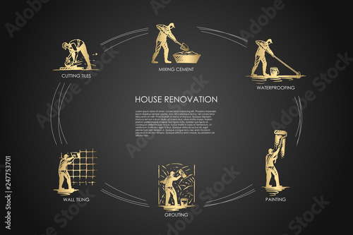 House renovation - cutting tiles, mixing cement, waterproofing, painting, grouting, wall tiling vector concept set