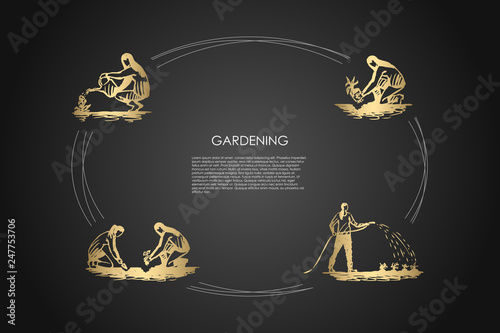 Gardening - people digging ground, planting and watering flowers vector concept set