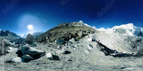 360 vr of the Everest Base camp at Khumbu glacier. Khumbu valley, Sagarmatha national park, Nepal of the Himalayas. EBC track route near Gorak Shep.