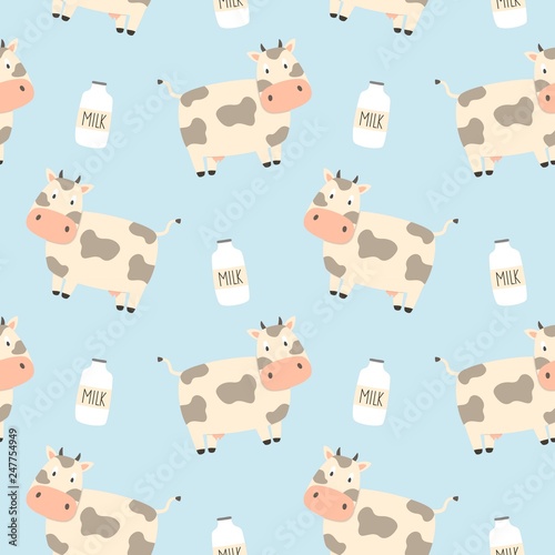 Cow and milk vector seamless pattern. Farm background.