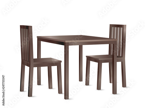 Realistic perspective view vector of a wooden dining table and two chairs.