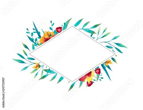 Watercolor blue and yellow rhomb frame with flowers, leaves and branches. Hand drawn illustration.