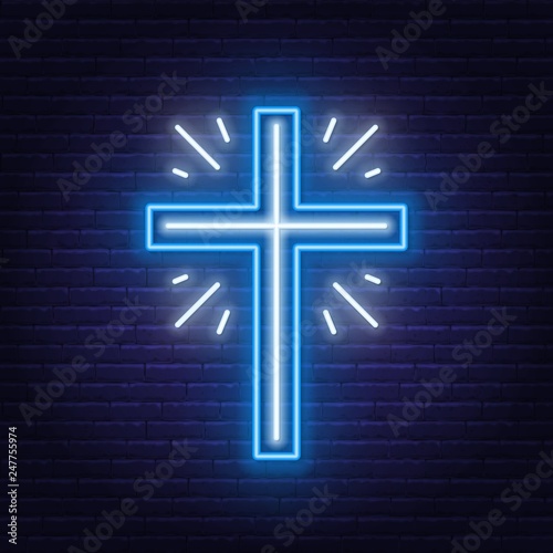Church cross neon sign. Glowing symbol of the crucifixion.