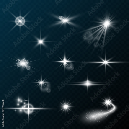 : Set of gold bright beautiful stars. Light effect Bright Star. Beautiful light for illustration. Christmas star. White sparks sparkle with a special light. Vector sparkles on transparent background