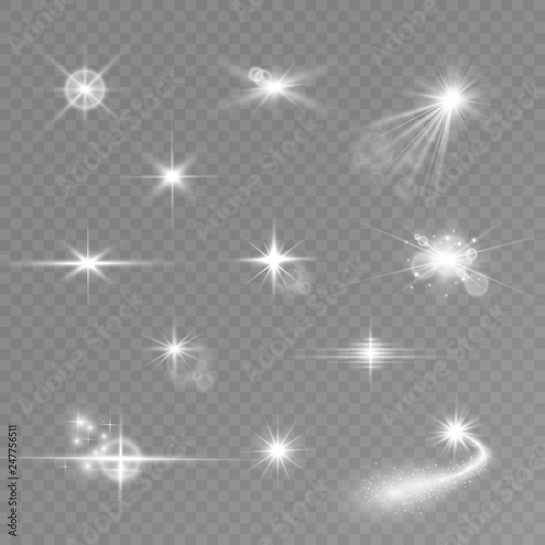  Set of gold bright beautiful stars. Light effect Bright Star. Beautiful light for illustration. Christmas star. White sparks sparkle with a special light. Vector sparkles on transparent background