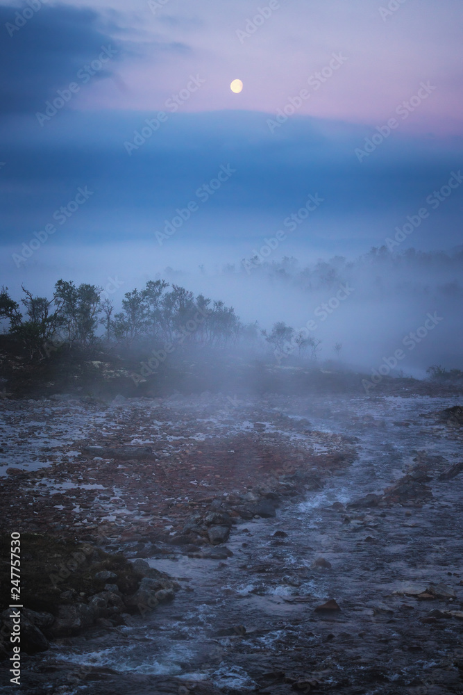 Misty and foggy landscape of norwegian white night. Nordgruvefeltet area. Misty and foggy landscape of norwegian white night. Nordgruvefeltet area.